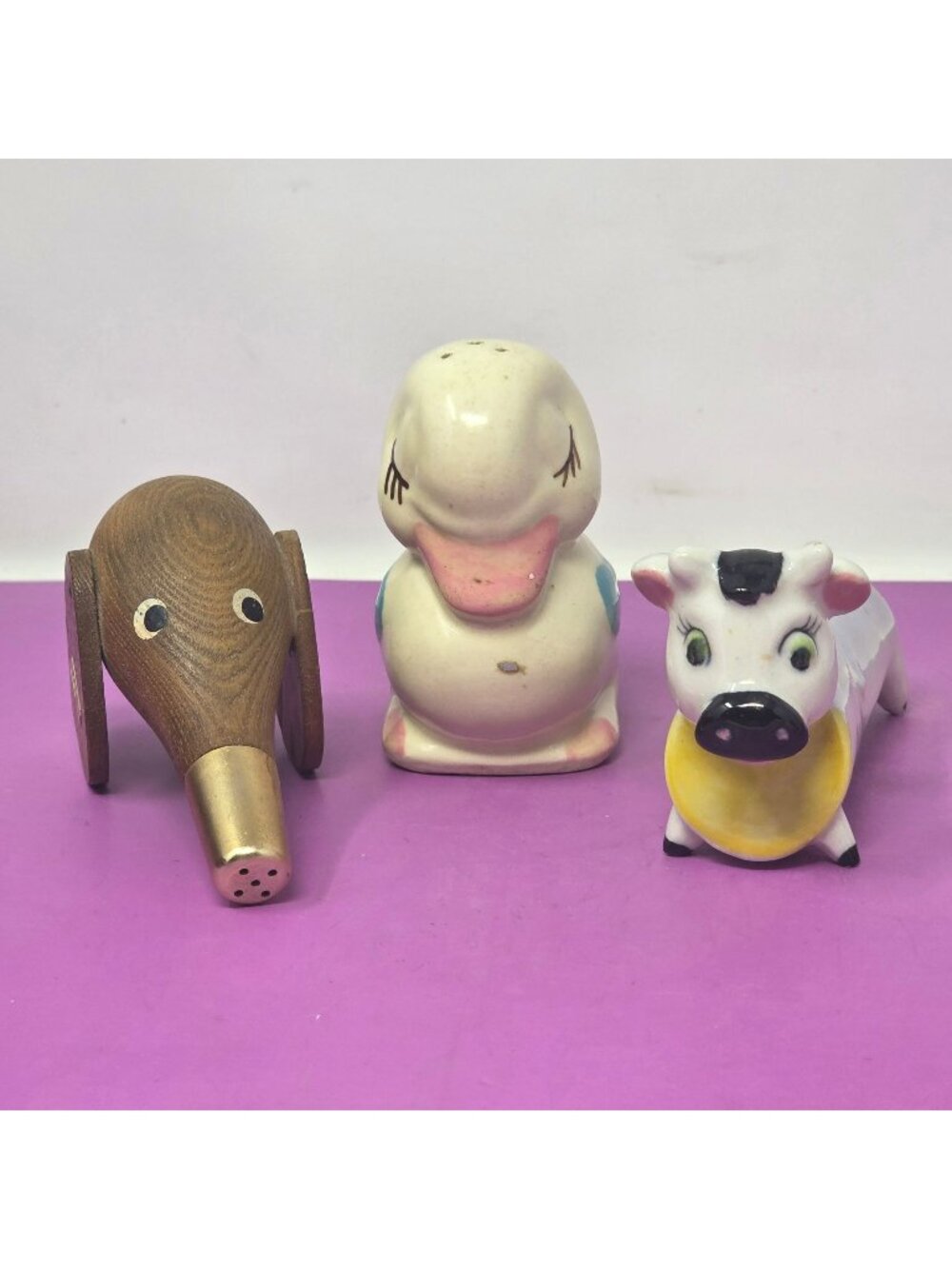 Vintage Wooden‎ Ceramic Animal-Themed Salt Pepper Shakers - Duck Cow Collectible